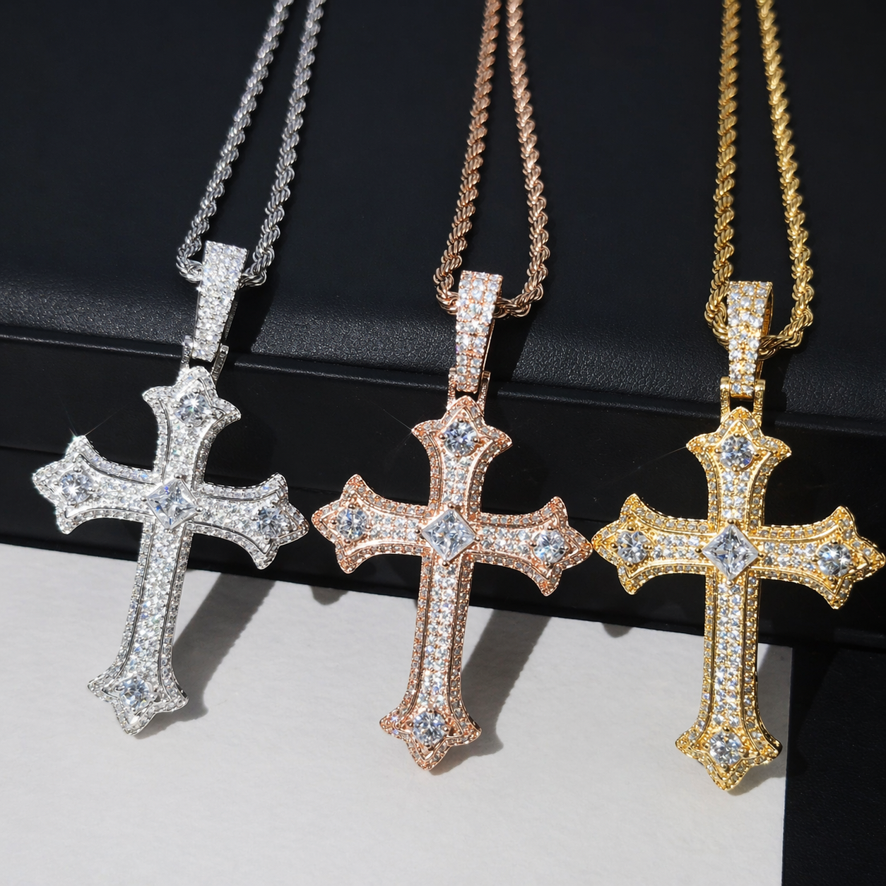 Imperial Cross Moissanite Pendant w Rope Chain