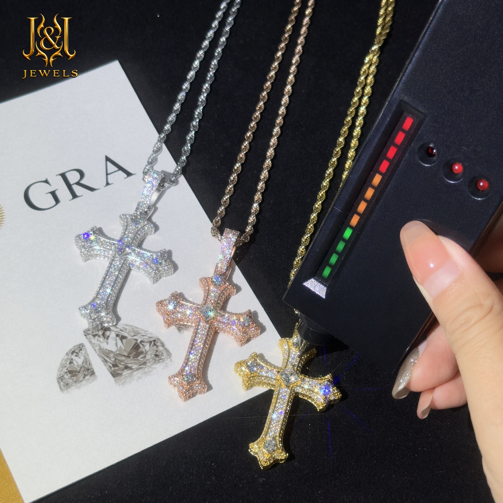 Imperial Cross Moissanite Pendant w Rope Chain