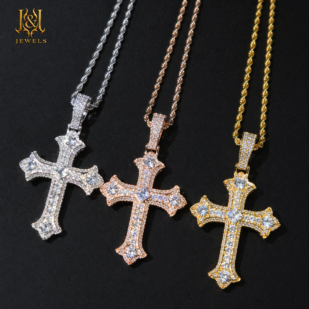 Imperial Cross Moissanite Pendant w Rope Chain