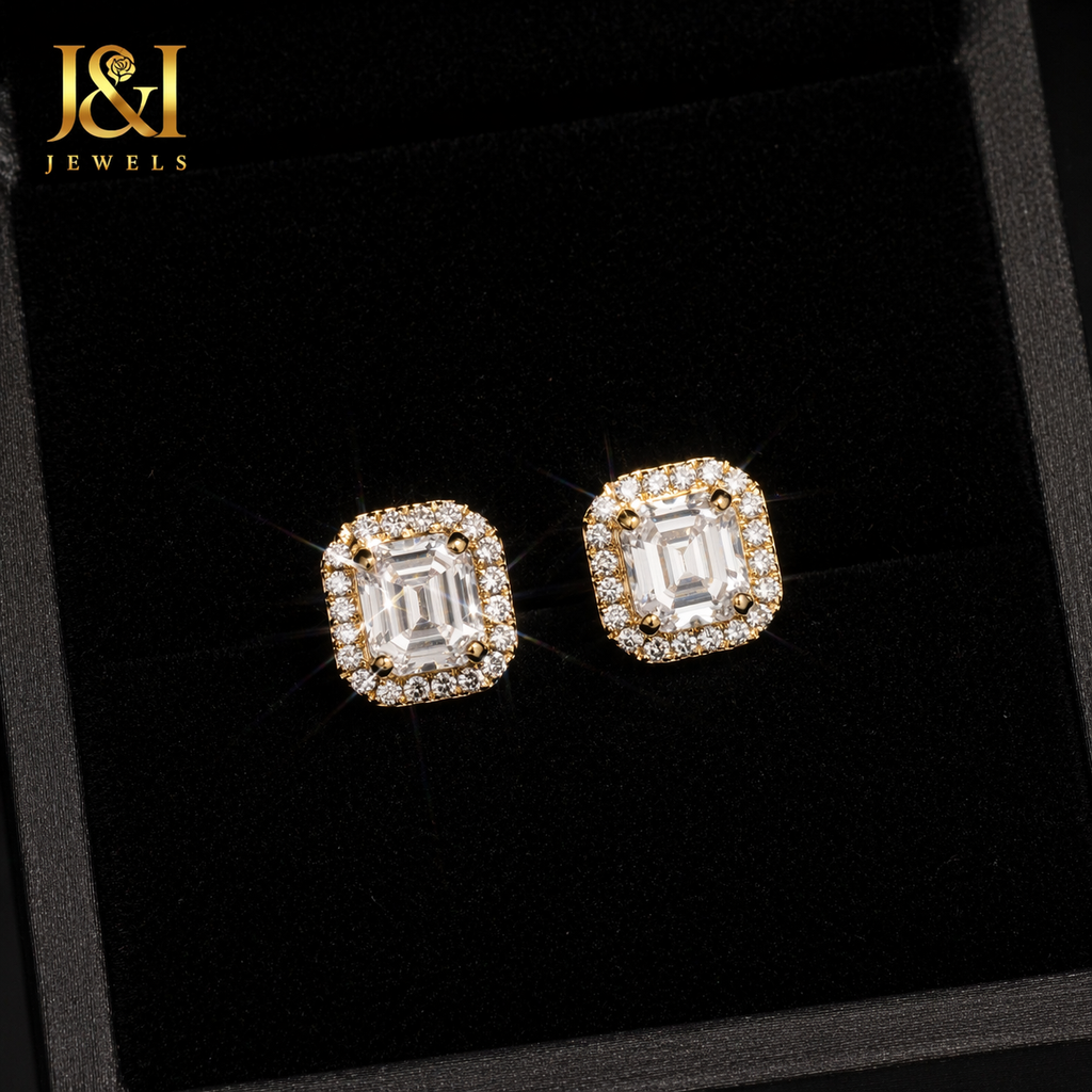 Moissanite Ascher Cut Halo Stud Earrings 7.9 mm