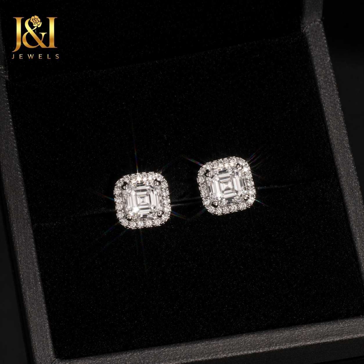 Moissanite Ascher Cut Halo Stud Earrings 7.9 mm