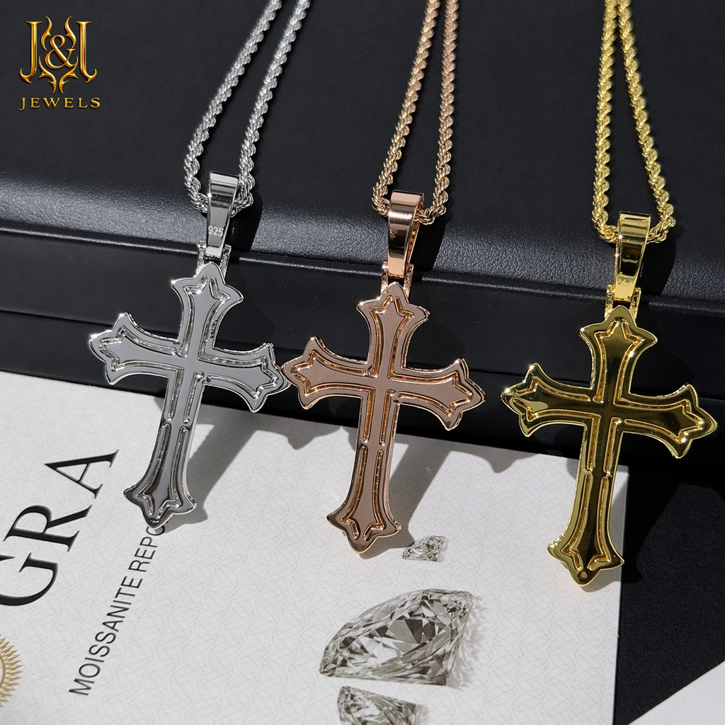 Imperial Cross Moissanite Pendant w Rope Chain